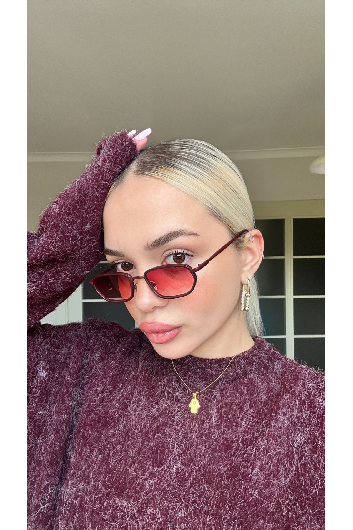 Angel Eyes Minimal Geometrik Tasarım Bordo Çerçeve Bordo Cam Güneş Gözlüğü Kadın&Erkek CE BELGELİ - Görsel 3