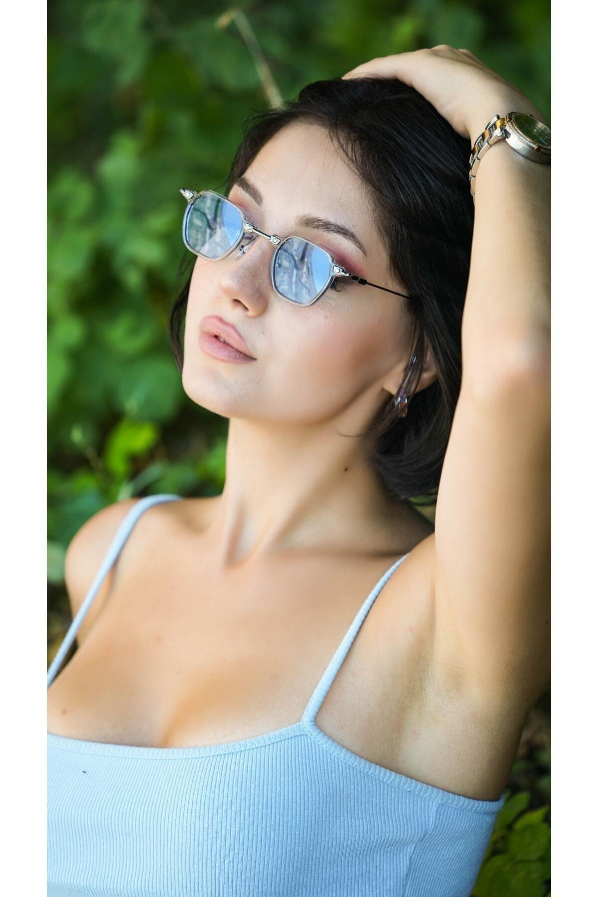 Angel Eyes Kadın Güneş Gözlüğü Köşeli Gri Şeffaf Çerçeve Mavi Cam - Görsel 2