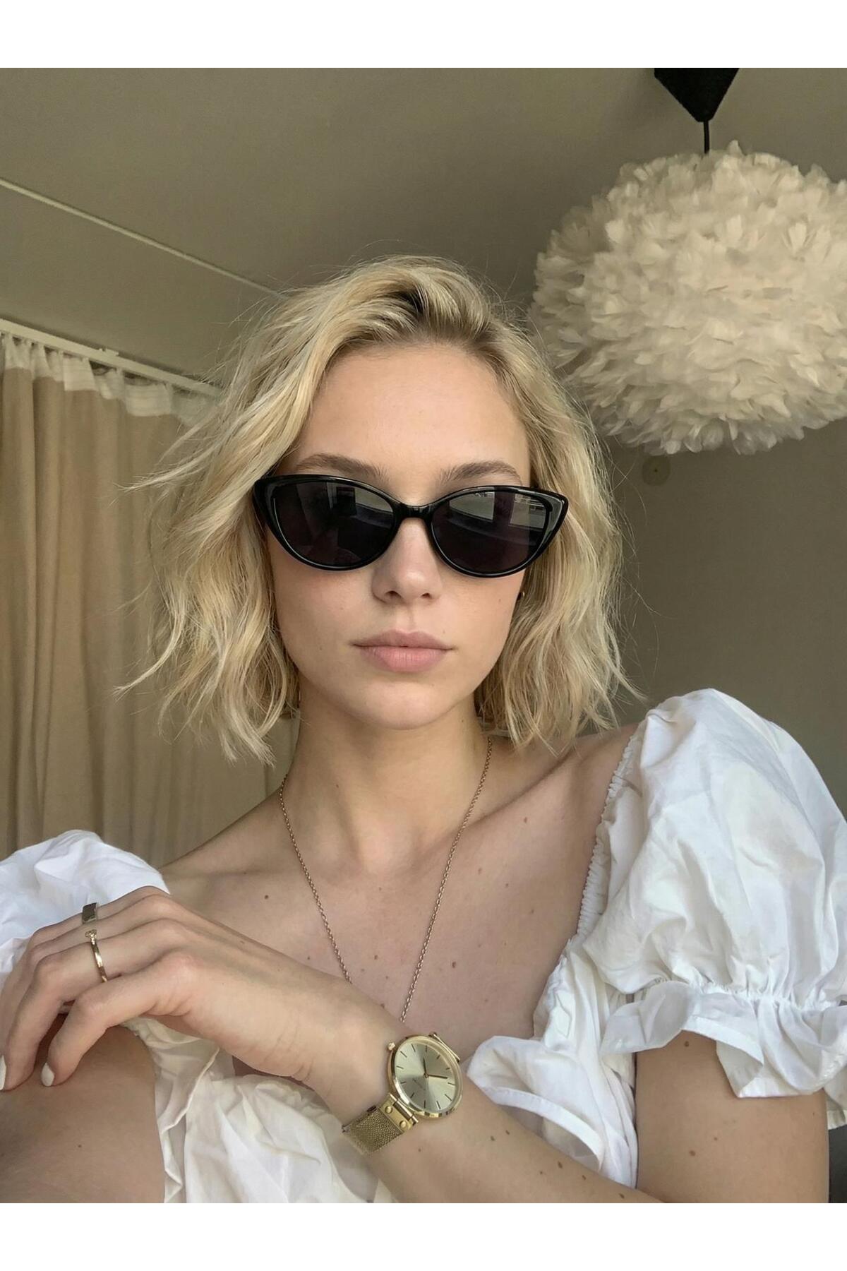 funeyes Diana Siyah Cat Eye Güneş Gözlüğü İnce Slim Çerçeveli