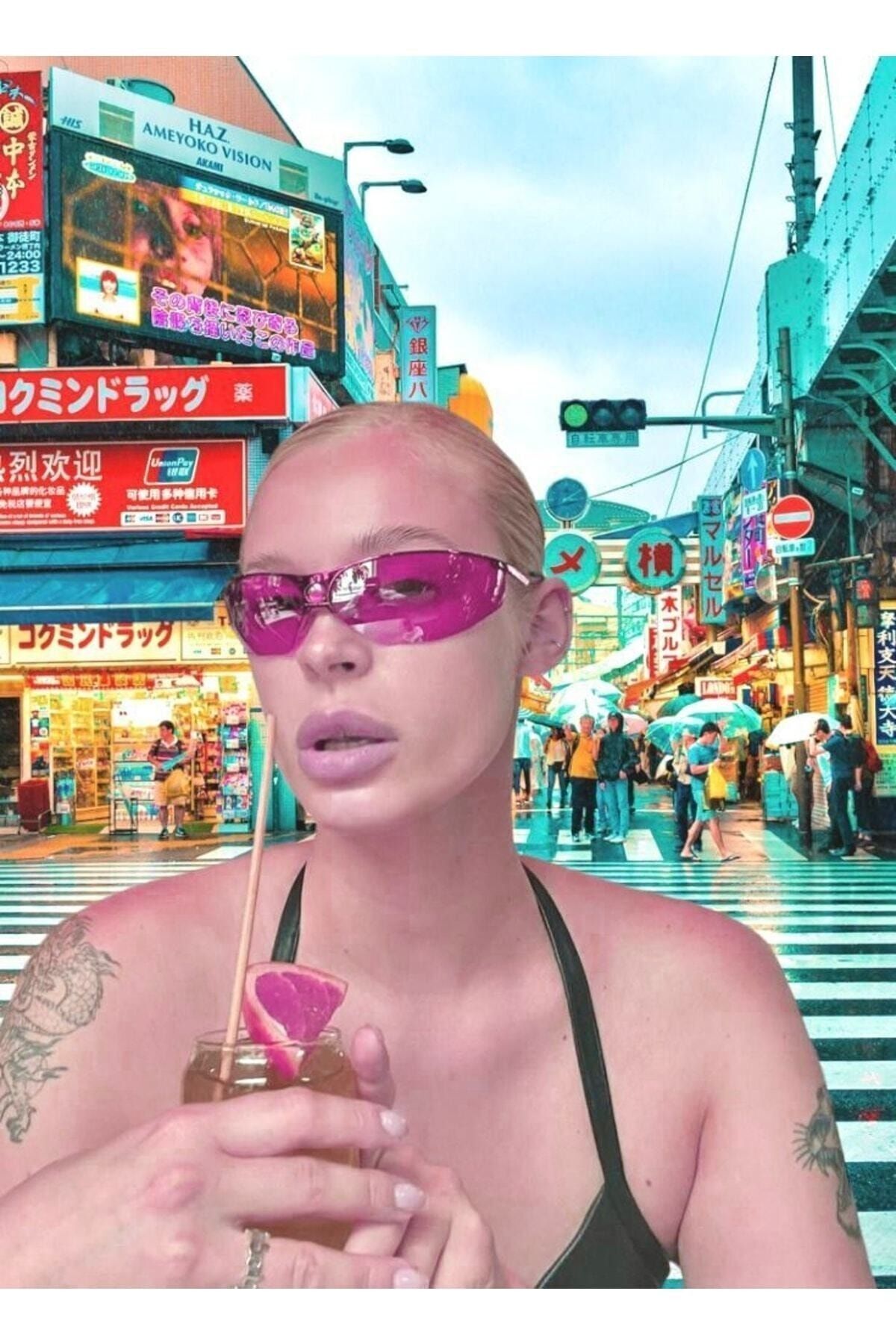 MACERATİ Milenyum Y2k Unisex Tasarım Pembe Güneş Gözlüğü - Görsel 2