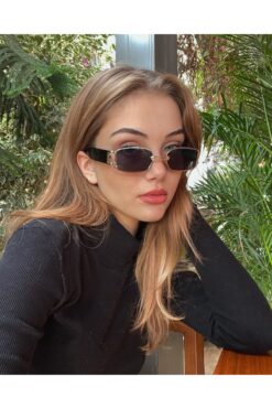 CLAREX Gold Vision Dikdörtgen Retro Kadın Güneş Gözlüğü - Siyah & Gold Metal Çerçeve UV400