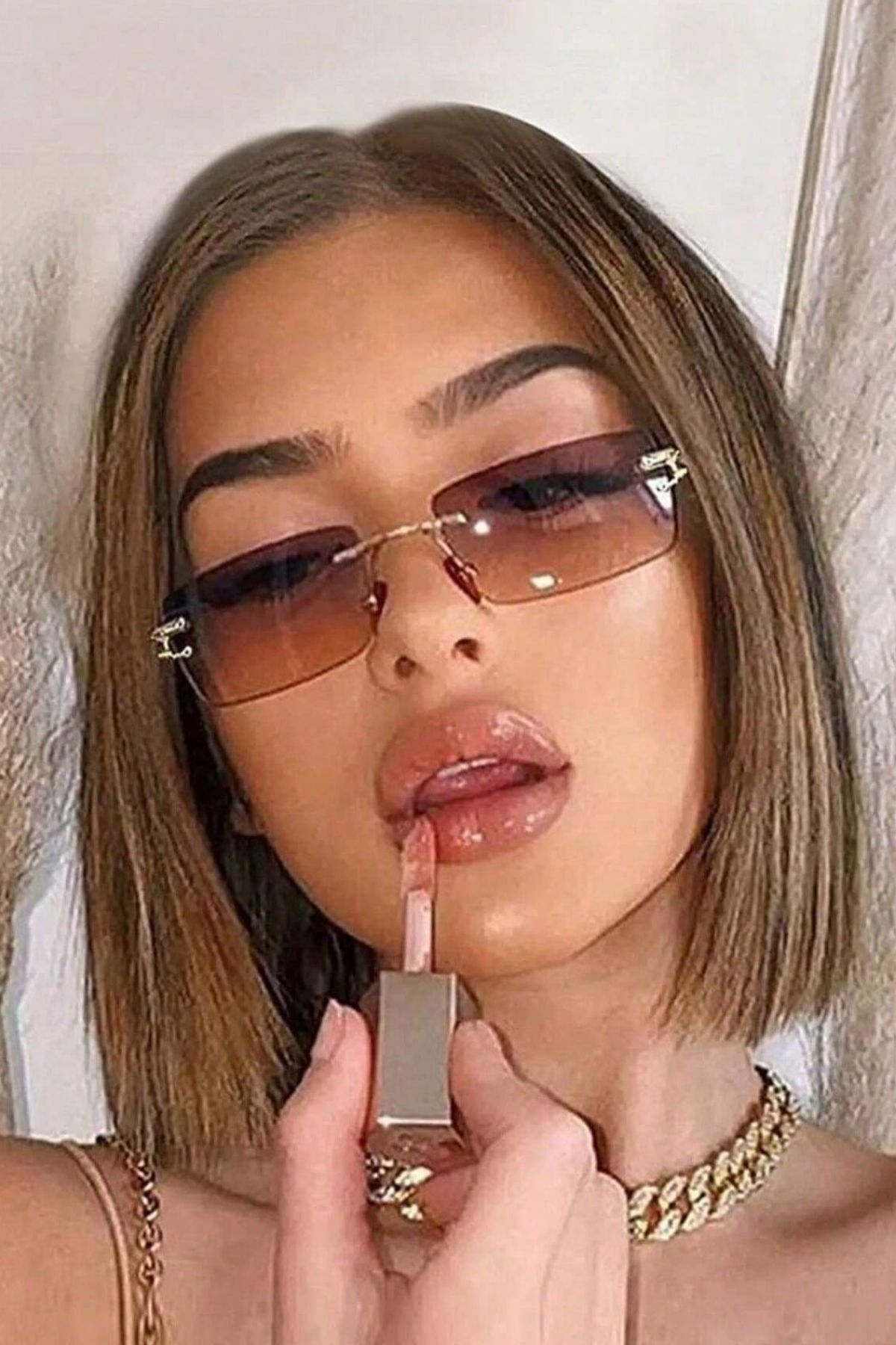 Polo55 Çerçevesiz Kristal Kesim Dikdörtgen Kahverengi Kadın Güneş Gözlüğü