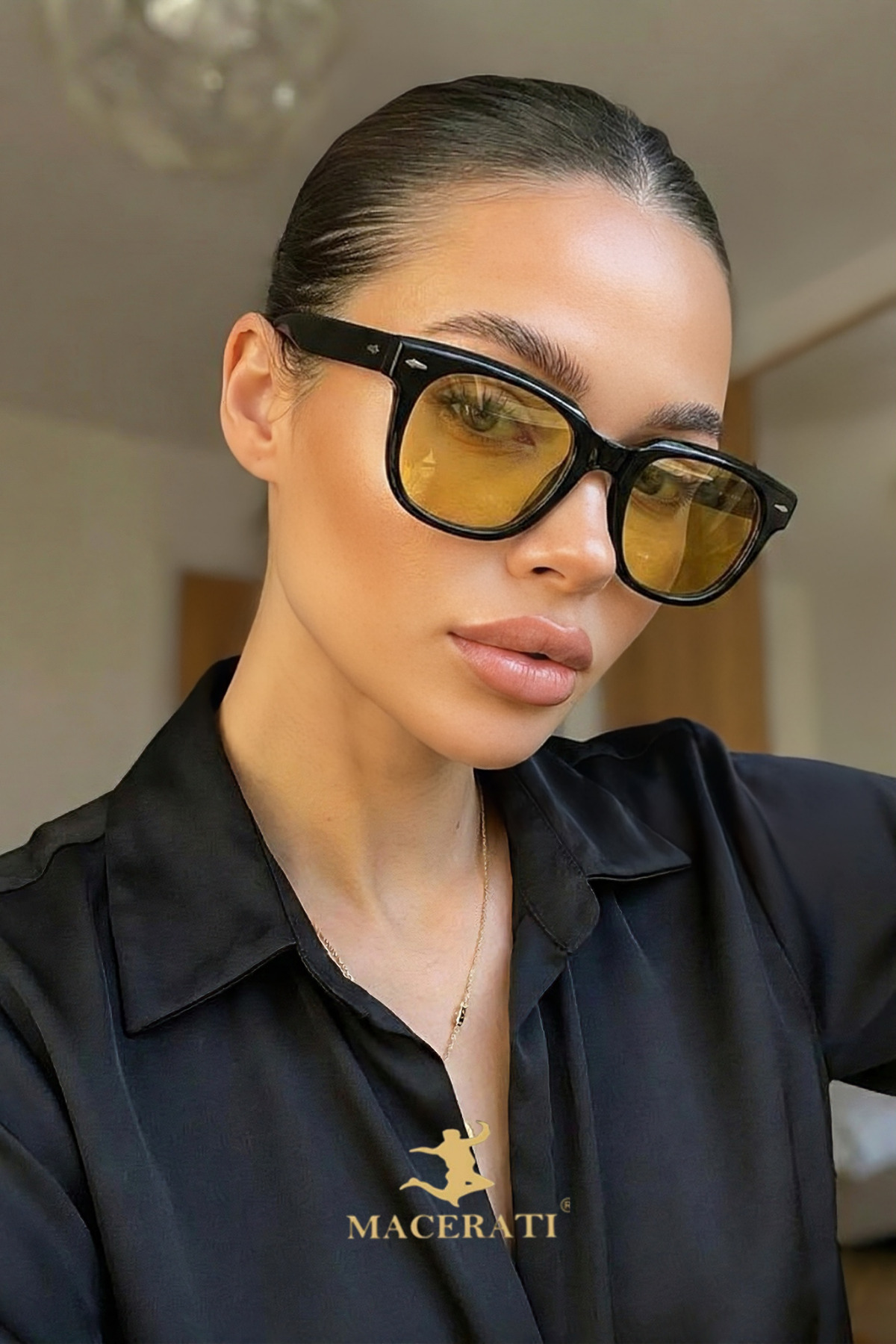 MACERATİ Ovallıs Unısex Siyah Oval Çerçeve Sarı Cam Güneş Gözlüğü