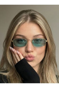 funeyes Valeno Turkuaz camlı Kemik Leopar Desen saplı Premium Dikdörtgen Unisex Güneş Gözlüğü