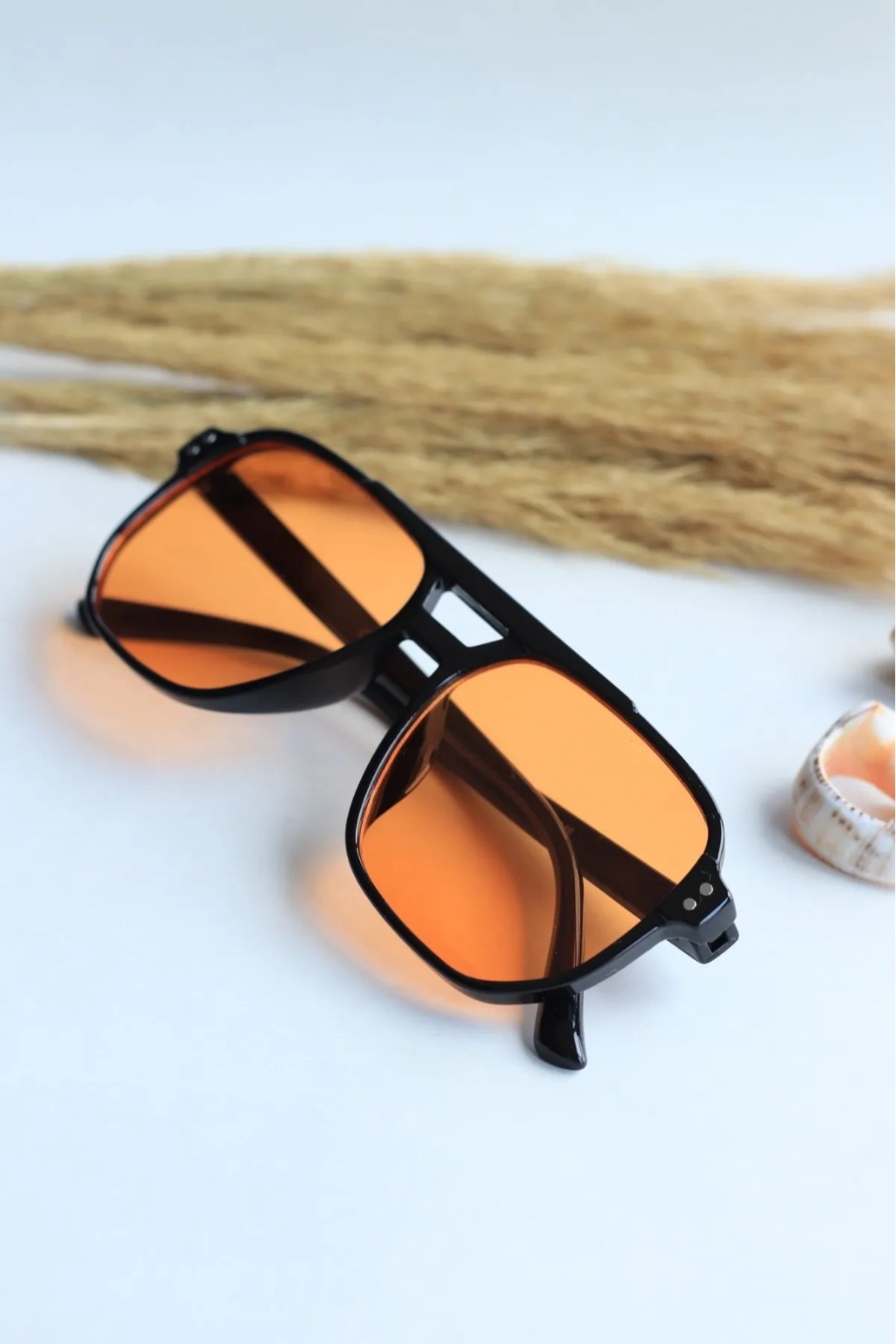 Nilu Moda Unisex Kare Dikdörtgen Turuncu Siyah Uv400 Korumalı Vintage Yeni Sezon Güneş Gözlüğü - Görsel 2
