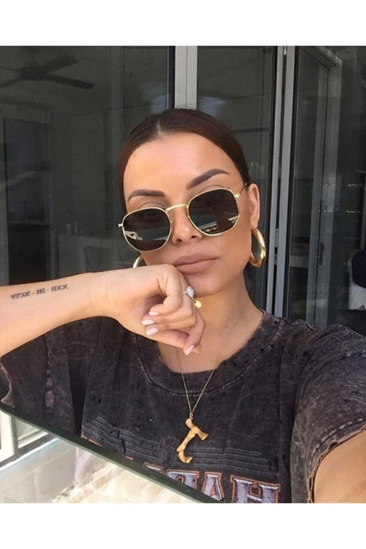 ANDİFLİ Unisex Gold Güneş Gözlüğü Beşgen - Görsel 2