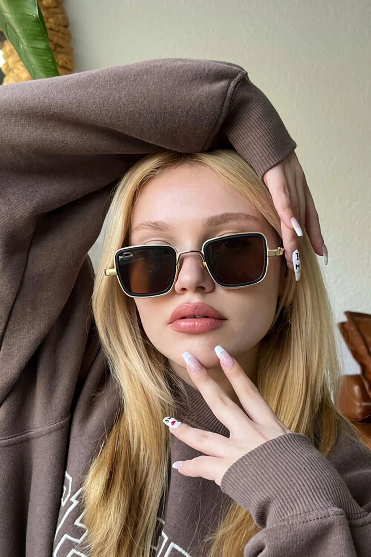 LOOKUP NEW Unisex Kadın Erkek Uv400 Korumalı Kahverengi Gold Dikdörtgen Kare Yeni Sezon Güneş Gözlüğü