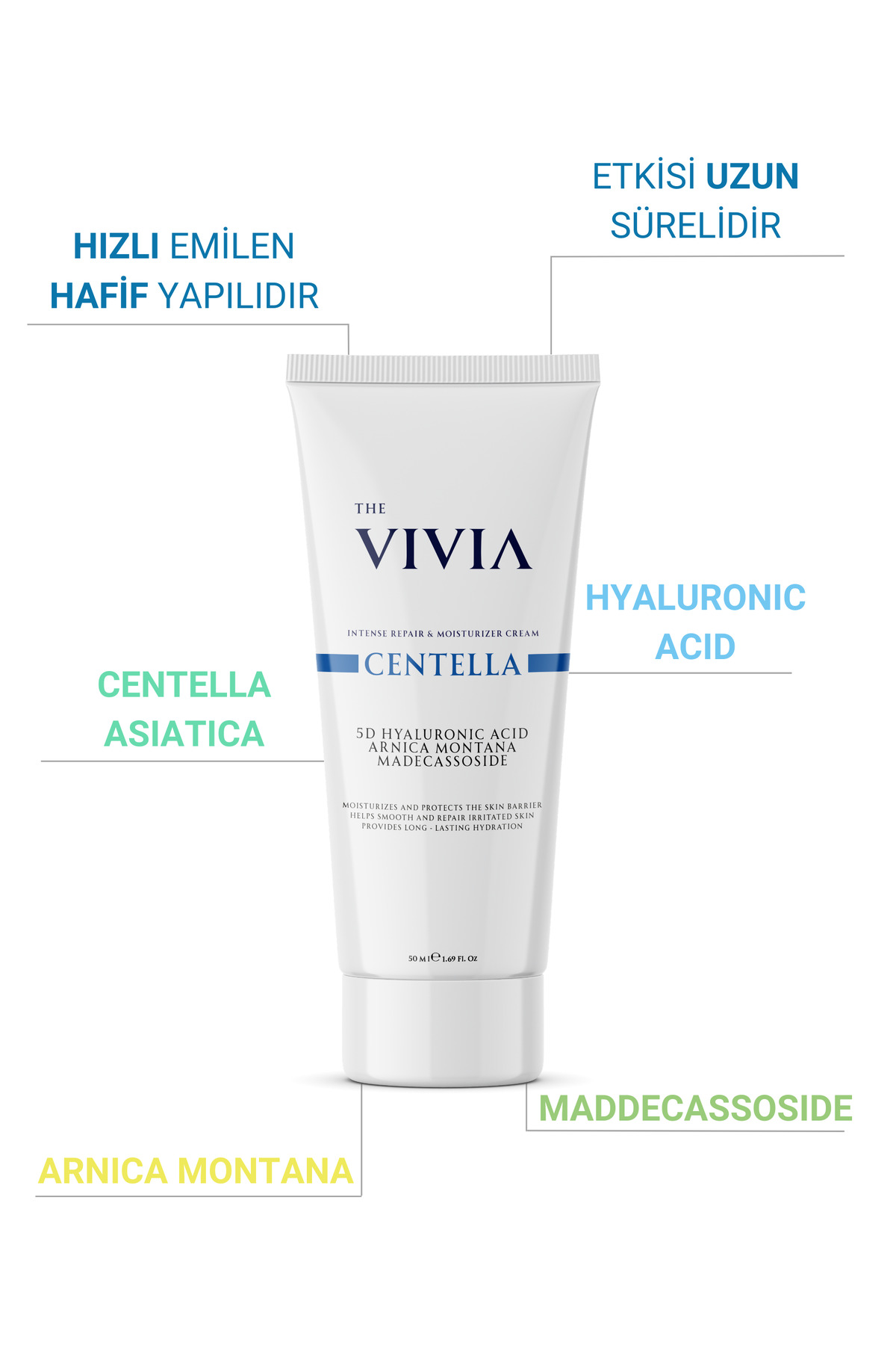 The Vivia Yoğun Bakım ve Nemlendirici Bariyer Destekleyici Cica Krem Madecassoside, Hyaluronik Asit 50 ml - Görsel 3