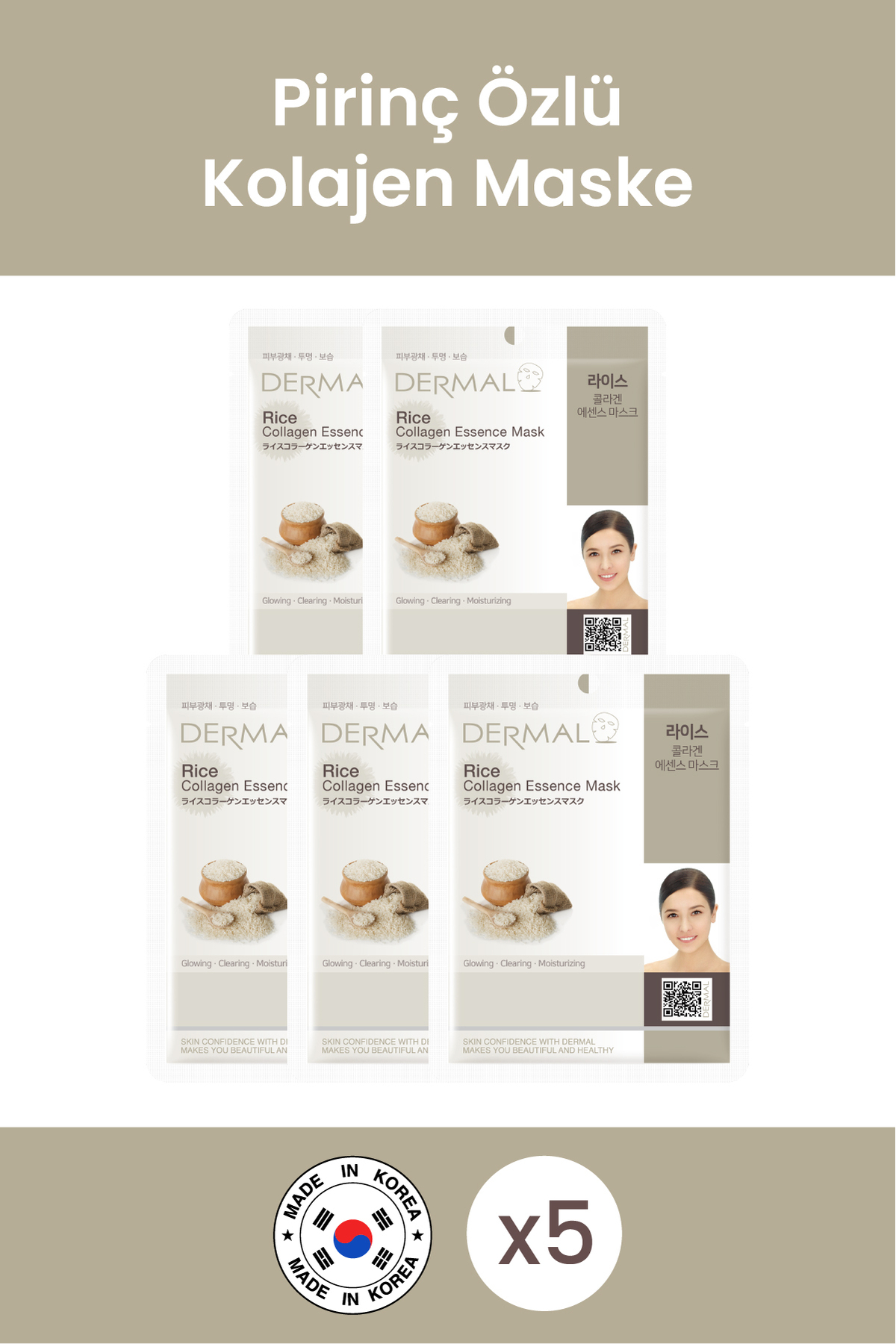 Dermal Arındırıcı, Nemlendirici Ve Ton Eşitleyici Pirinç Özlü Kollajen Maske 23 Gr 5 Adet