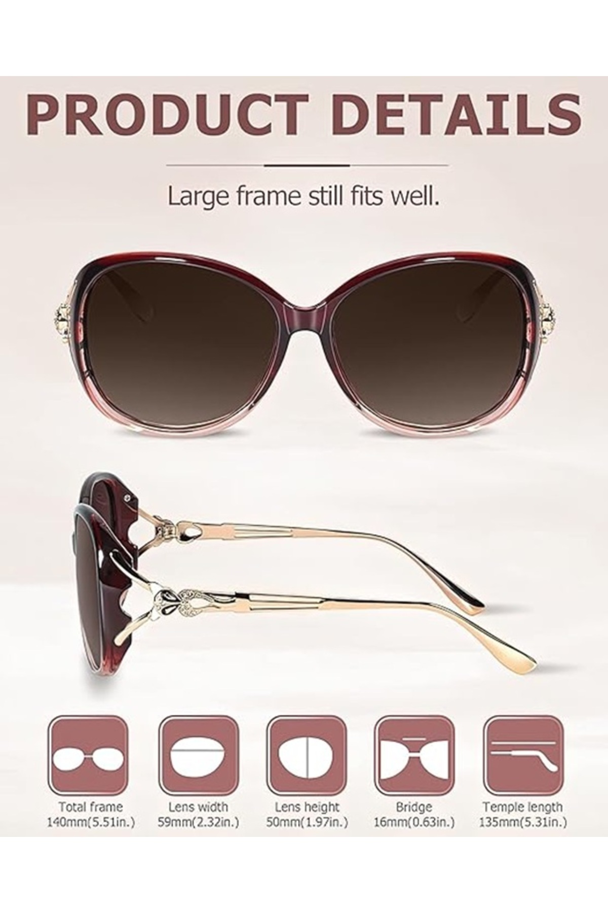 VipDeluXe LVIOE Trendy Polarize Güneş Gözlüğü Kadınlar için Büyük Boy Jackie O Stil UV Koruma LS8842 - Görsel 3