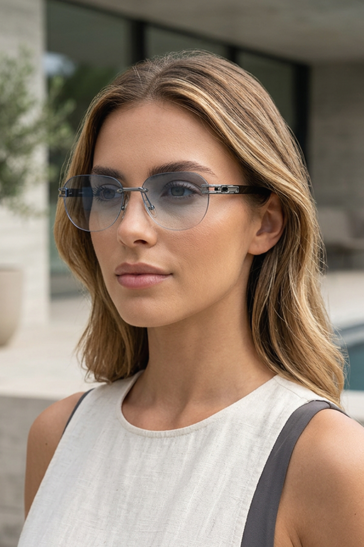 Kapin Rayop Oval Kristal Çerçevesiz Tasarım Güneş Gözlüğü - Mavi Cam