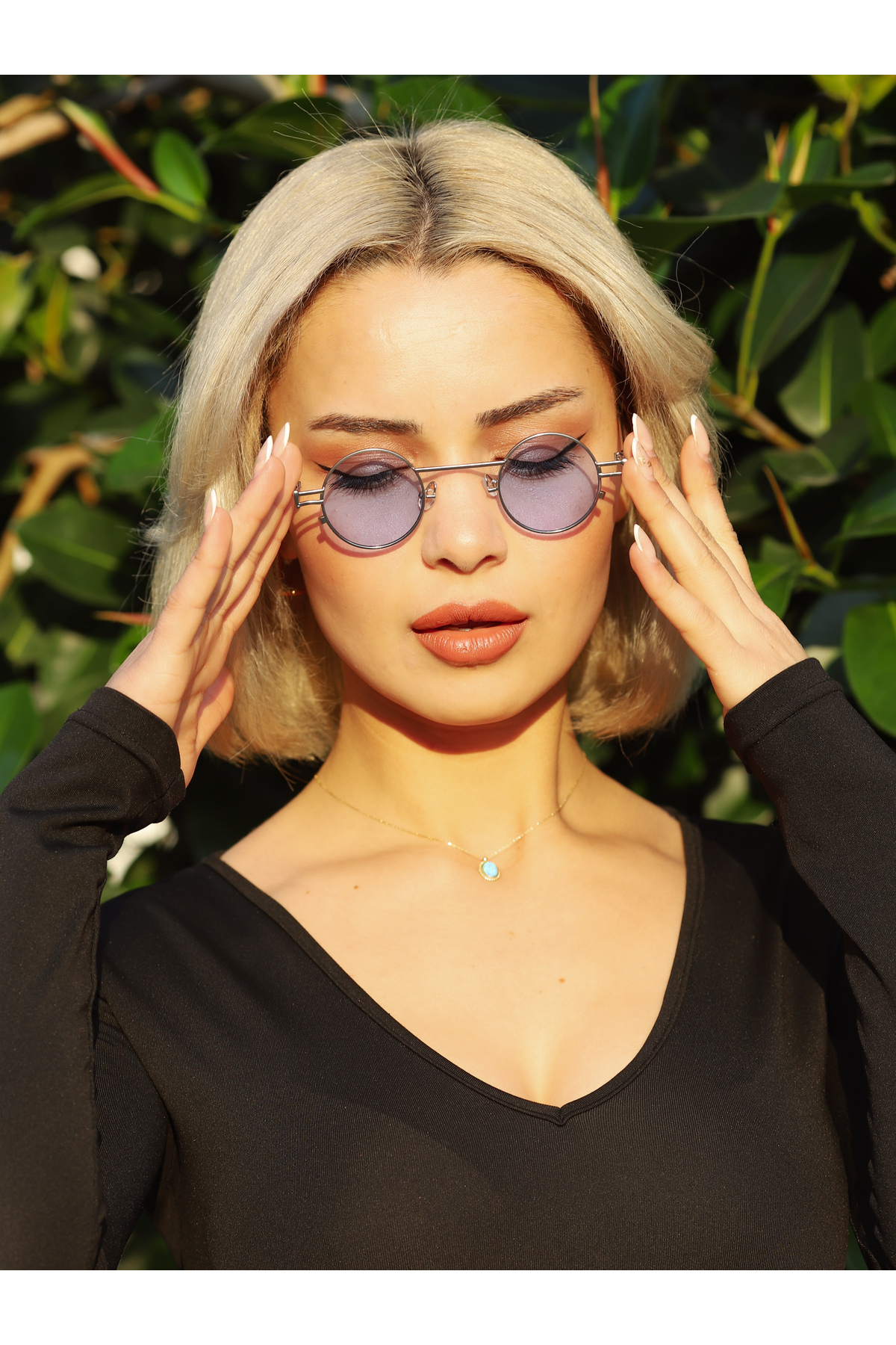 Angel Eyes Kadın Güneş Gözlüğü Yuvarlak Tasarım Gümüş Çerçeve Mavi Cam - Görsel 3