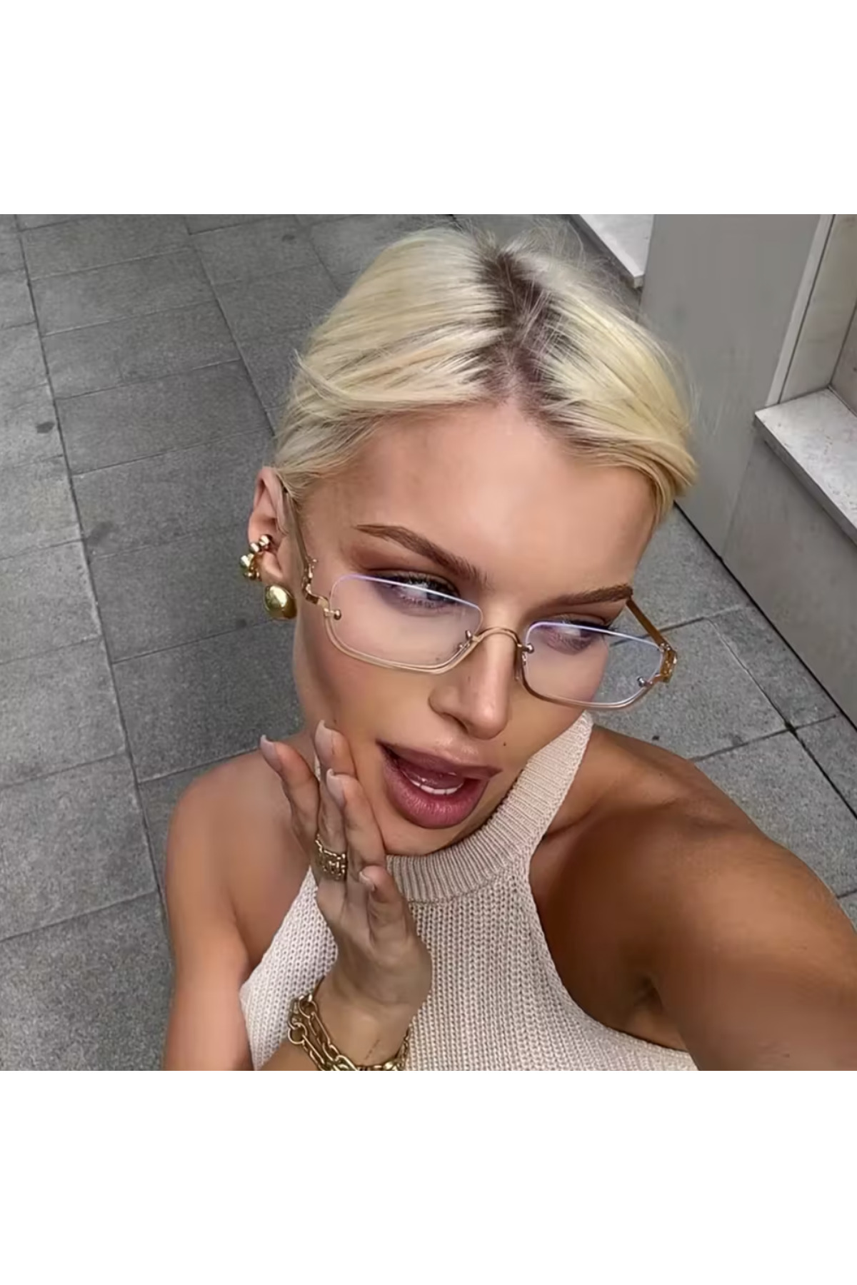 BluePepper RIMLESS | Gold Yarım Çerçeveli Dikdörtgen Gözlük Şeffaf Gri Soft Degrade Camlı Modern Lüks Tasarım - Görsel 2