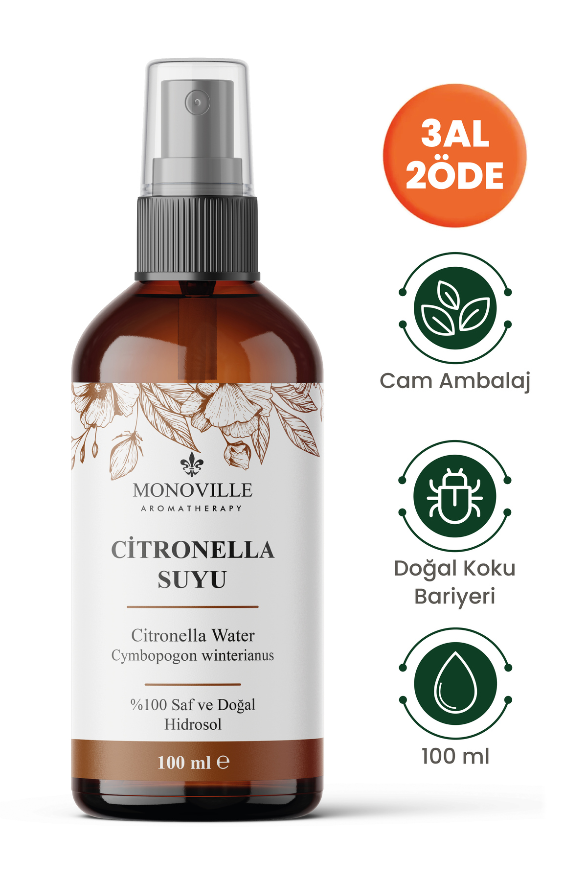 Monoville Citronella Suyu 100 ml Cam Şişe %100 Doğal Sprey Başlıklı (Citronella Water)