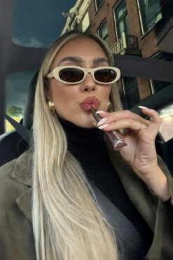 Eyesofia Laurent Slim Tasarım Ince Uv400 Unisex Krem Bej Kahverengi Güneş Gözlüğü