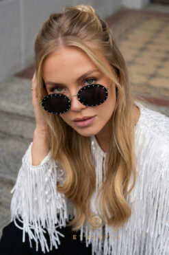 Eyesofia Jeweled Kadın Oval Siyah Gümüş Taş Aksesuarlı Ultra Hafif Uv400 Filtreli Siyah Güneş Gözlüğü