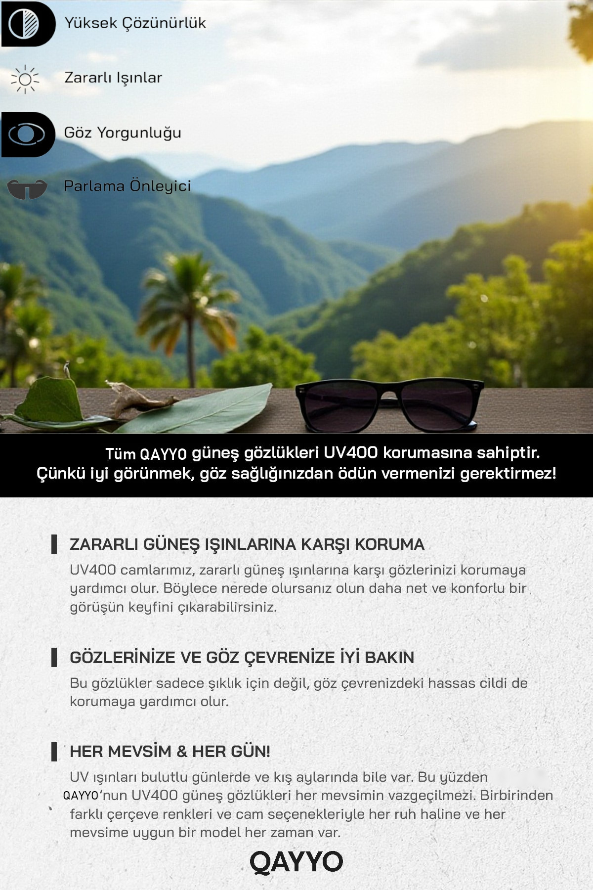 QAYYO Accessories Güneş Gözlüğü Siyah Kadın & Erkek Uv400 Cam - Görsel 2