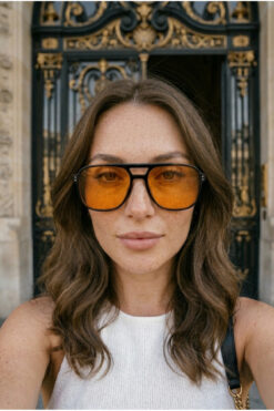 Houseofeyeris HORIZON — Siyah Çerçeve Geometrik Aviator GÜNEŞ GÖZLÜĞÜ – Turuncu Lens Unisex – UV400