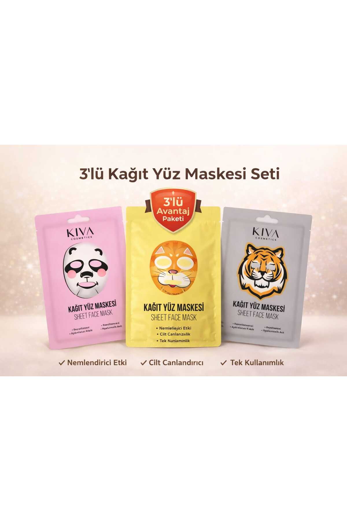Kiva 3’lü Kağıt Yüz Maskesi Seti Panda Kaplan Kedi Sheet Face Mask Cilt Bakım Maskesi