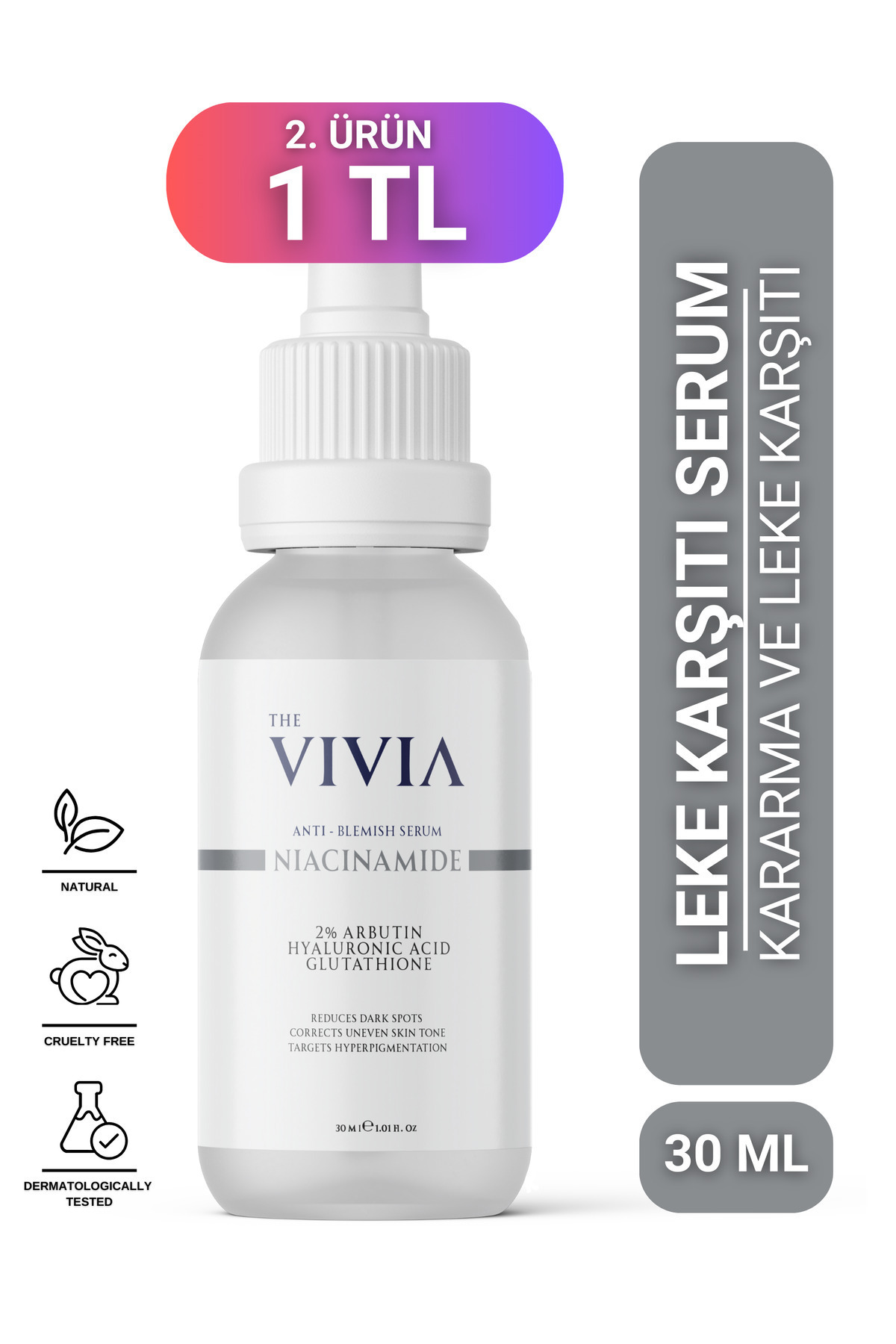 The Vivia Leke Karşıtı Cilt Tonu Eşitleyici Cilt Serumu Arbutin, Niasinamid, Glutatyon, Hyaluronik Asit 30 ml