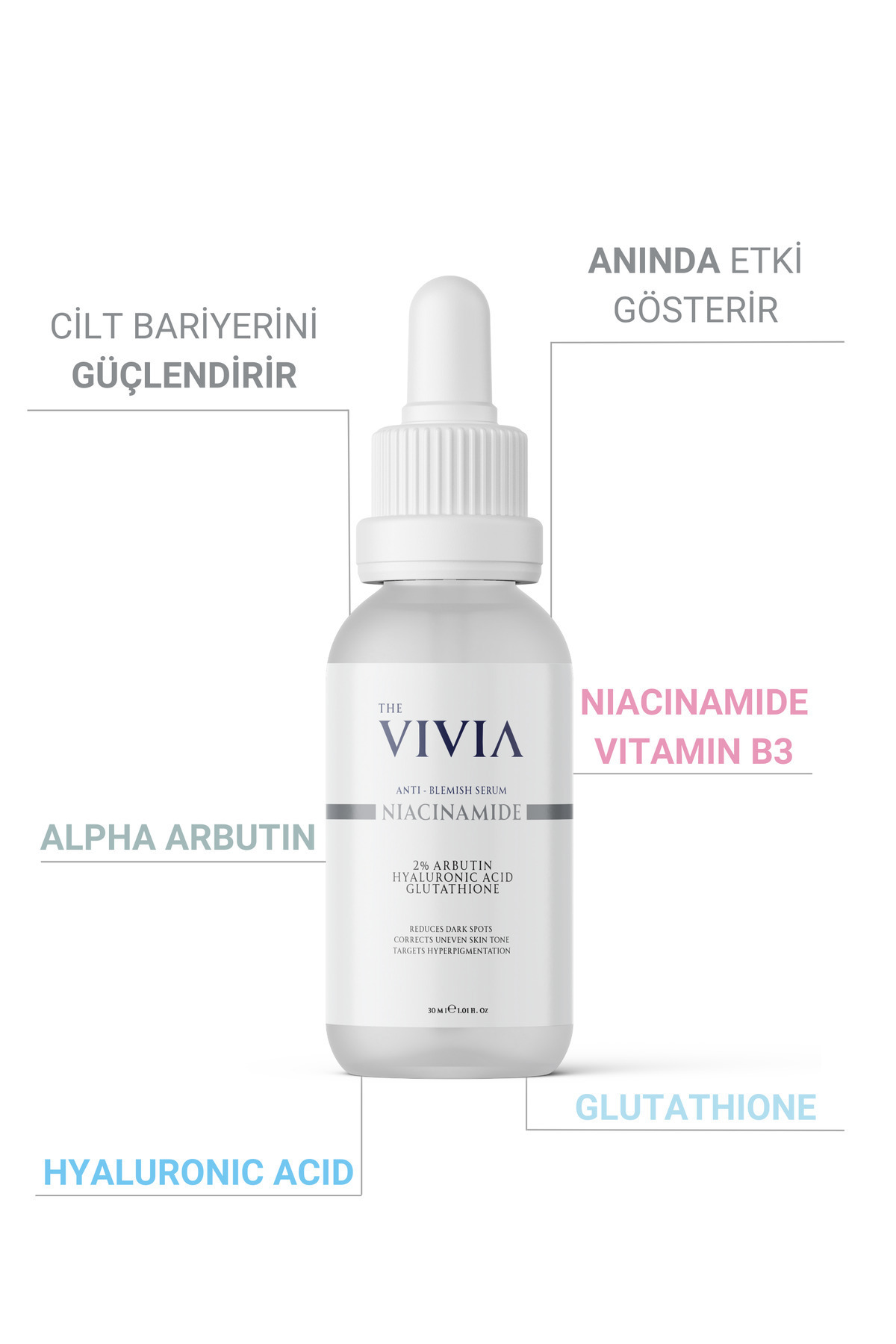 The Vivia Leke Karşıtı Cilt Tonu Eşitleyici Cilt Serumu Arbutin, Niasinamid, Glutatyon, Hyaluronik Asit 30 ml - Görsel 3
