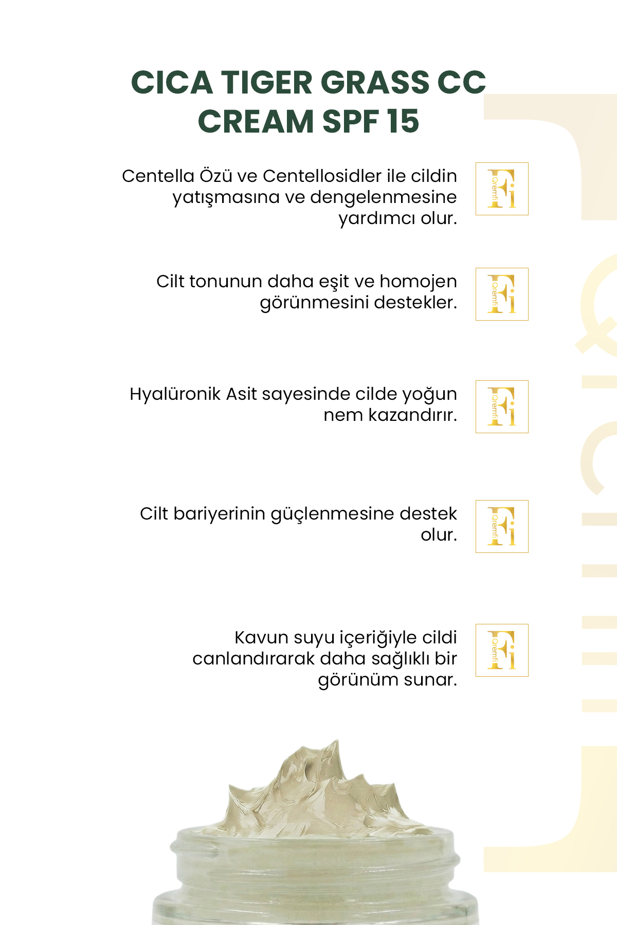 Qremfi Ton Eşitleyici Bariyer Güçlendirici Tiger Grass 15 Spf Cica CC Krem 30 ml - Görsel 2