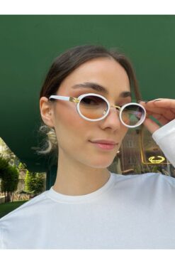 Stil Noktası Oval Tasarım Beyaz Gold Çerçeve Renkli Degrade Cam Kadın Güneş Gözlüğü