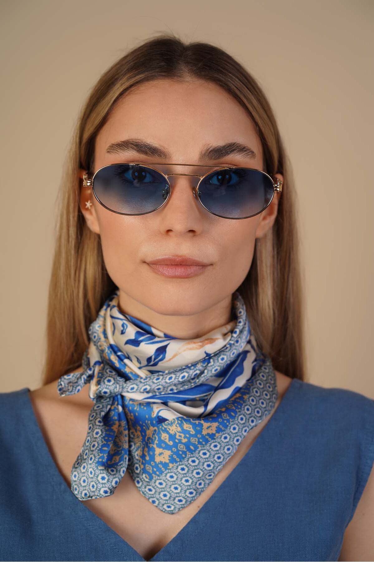 Stil Noktası Vetra Mavi Degrade Gold Çerçeveli Oval Güneş Gözlüğü - Görsel 3