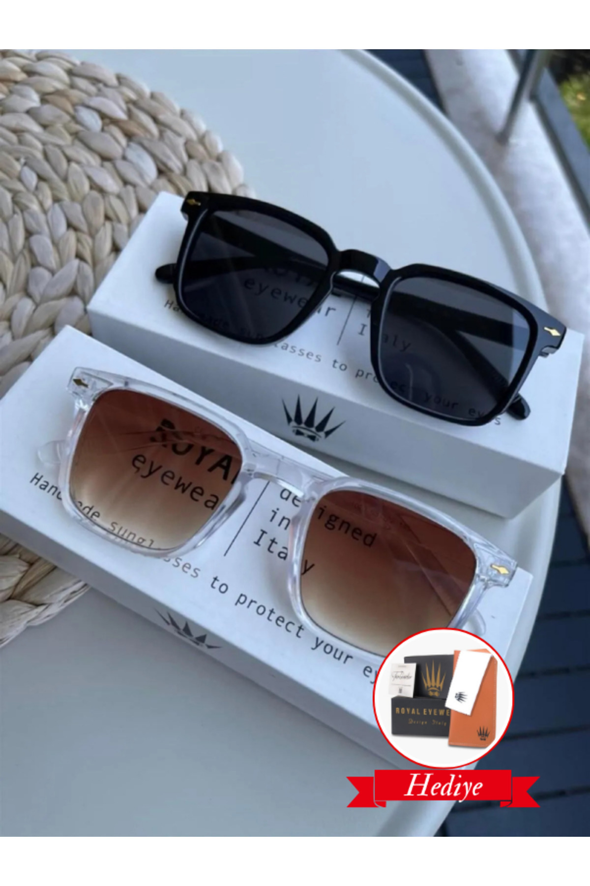 WATCHOFROYAL İkili Set Vintage Siyah-transparan Kahverengi Kadın Güneş Gözlüğü Erkek Güneş Gözlüğü Uv-400 Cam