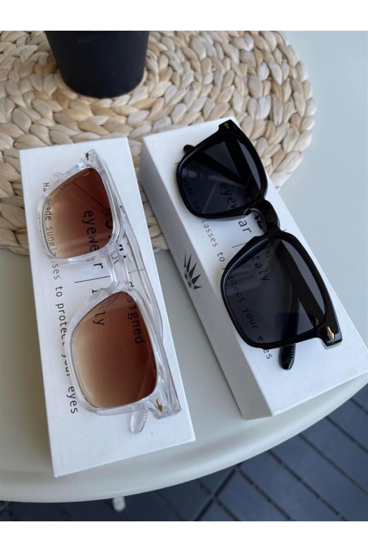 WATCHOFROYAL İkili Set Vintage Siyah-transparan Kahverengi Kadın Güneş Gözlüğü Erkek Güneş Gözlüğü Uv-400 Cam - Görsel 3