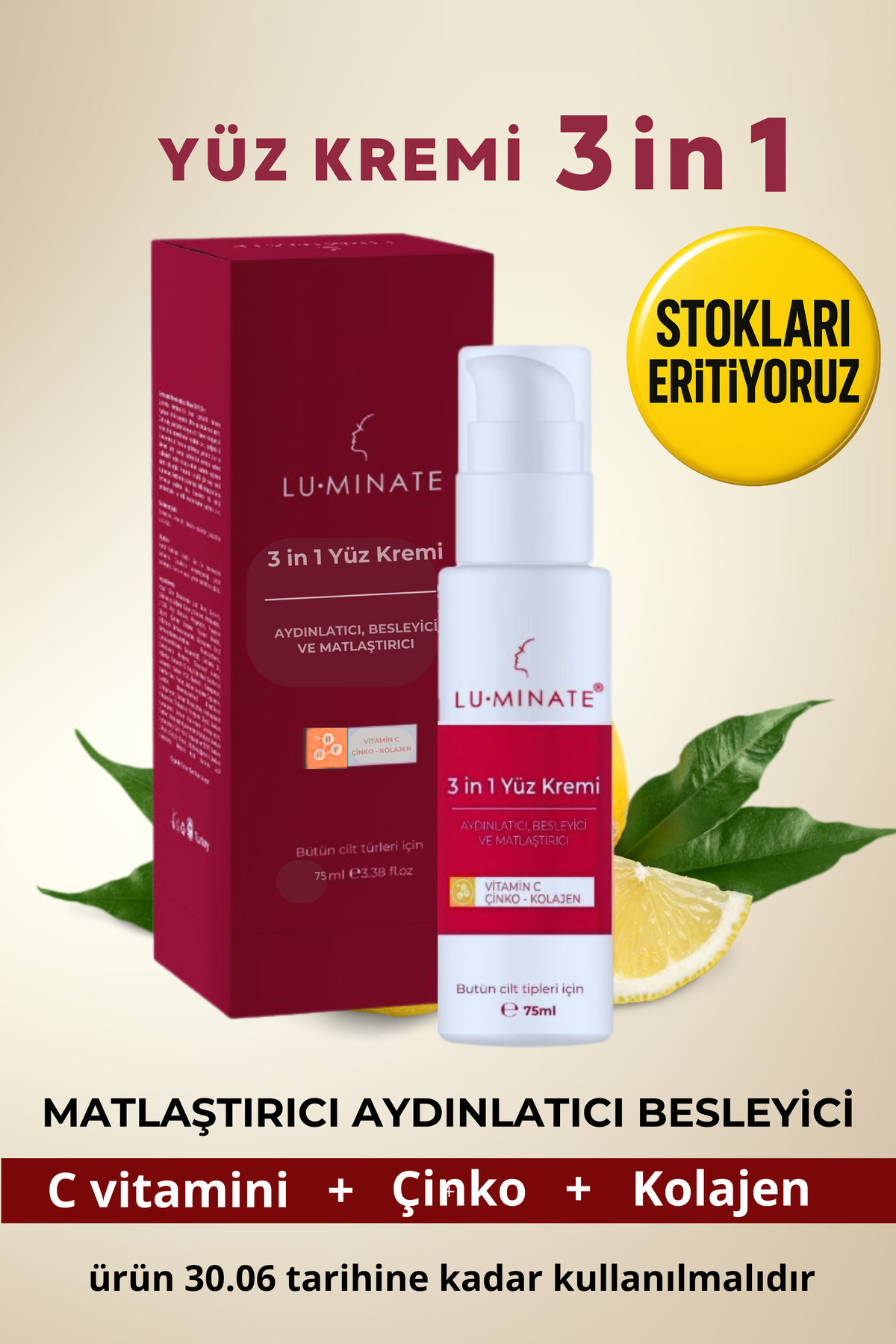 Luminate Yüz Kremi C Vitamin Çinko Kolajen Su Bazlı Nemlendirici Tonu Eşitleyici Beyazlatıcı Yaşlanma Karşıtı