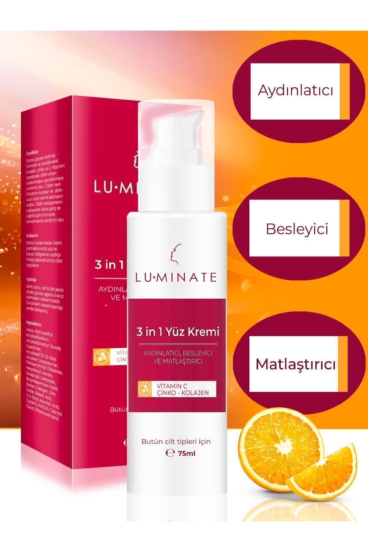 Luminate Yüz Kremi C Vitamin Çinko Kolajen Su Bazlı Nemlendirici Tonu Eşitleyici Beyazlatıcı Yaşlanma Karşıtı - Görsel 2
