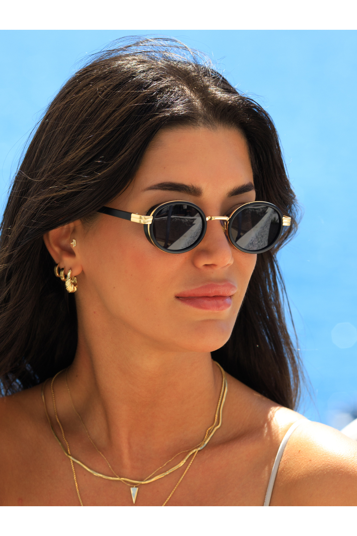 TomyHelf Oval Siyah Gold Çerçeve Siyah Cam Unisex Güneş Gözlüğü