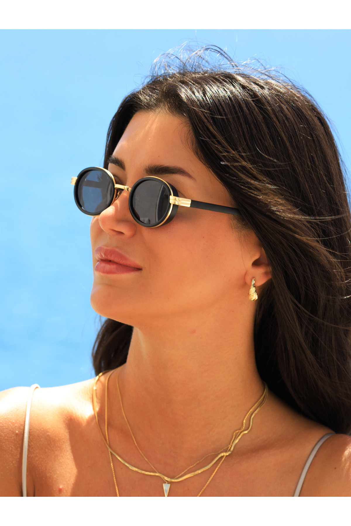 TomyHelf Oval Siyah Gold Çerçeve Siyah Cam Unisex Güneş Gözlüğü - Görsel 3