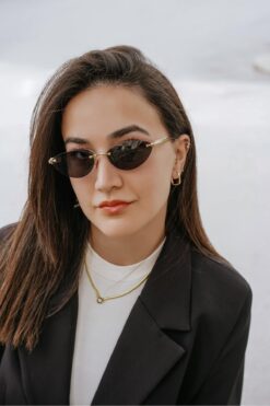 Stil Noktası Kadın Cat Eye Güneş Gözlüğü Siyah Cam Gold Metal Çerçeve