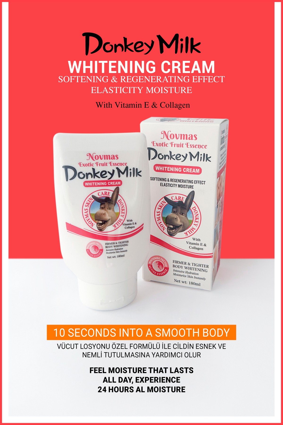 Nera Classy Donkey Milk Whitening Cream, 180ml Gerçek Eşek Sütü Beyazlatıcı Vücut Losyonu 24 Saat Etkili