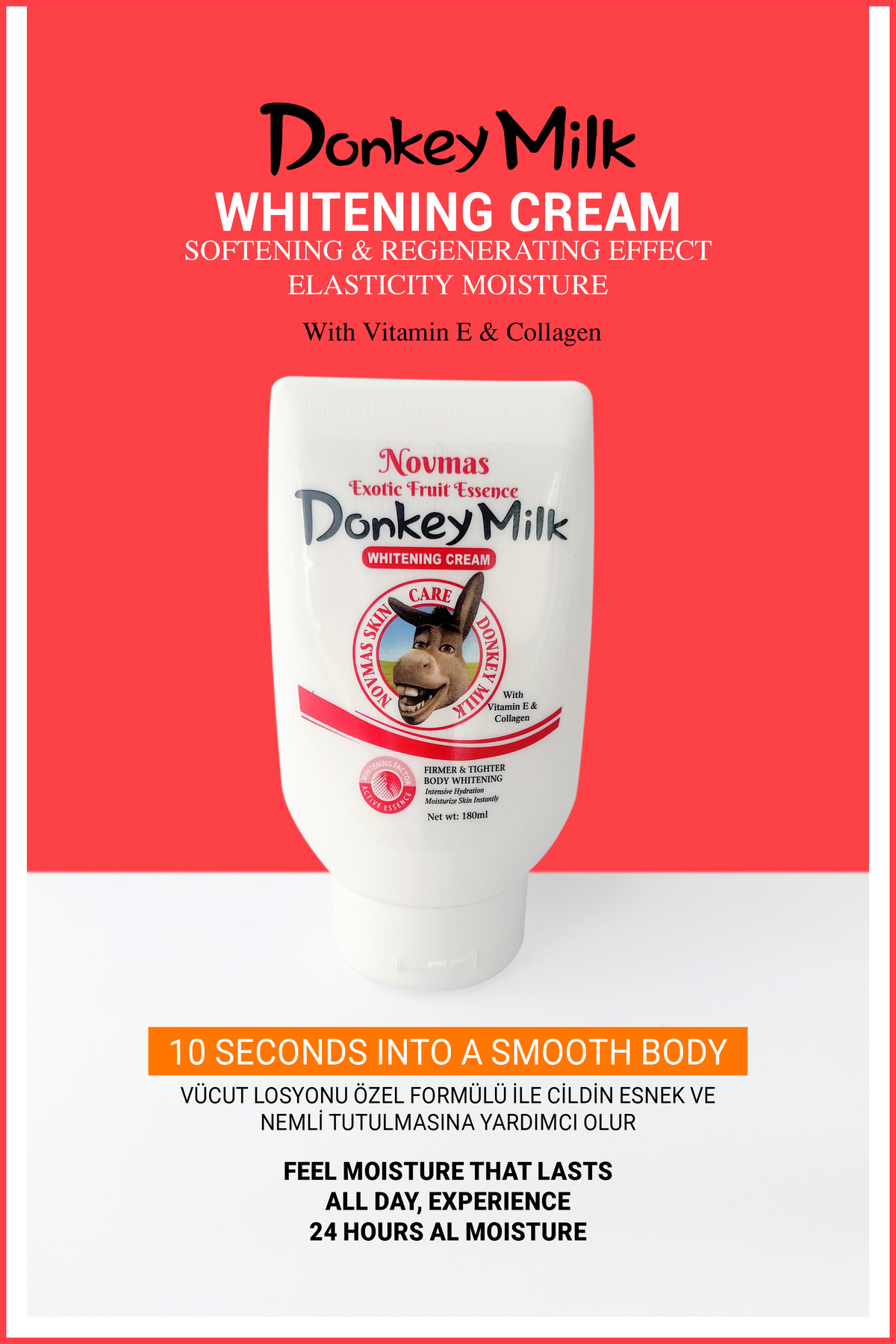 Nera Classy Donkey Milk Whitening Cream, 180ml Gerçek Eşek Sütü Beyazlatıcı Vücut Losyonu 24 Saat Etkili - Görsel 2