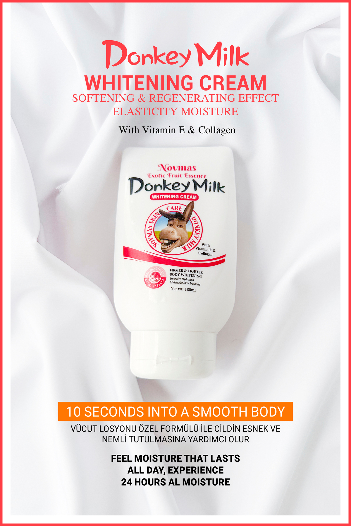 Nera Classy Donkey Milk Whitening Cream, 180ml Gerçek Eşek Sütü Beyazlatıcı Vücut Losyonu 24 Saat Etkili - Görsel 3