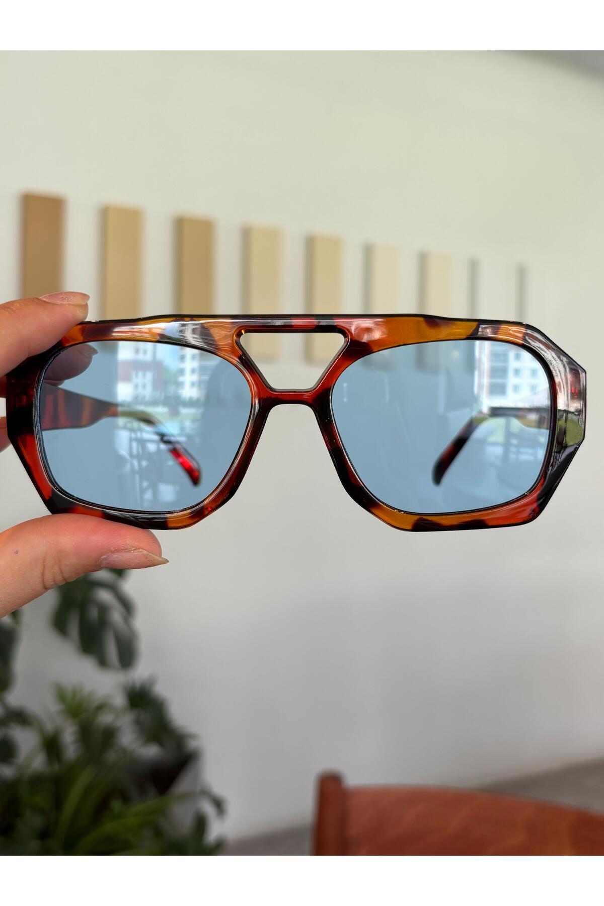 funeyes Vehla Leopar Desen Mavi Renk Trend Gözlük Güneş Gözlüğü Renkli Cam Yeni Sezon Büyük Gözlük - Görsel 2