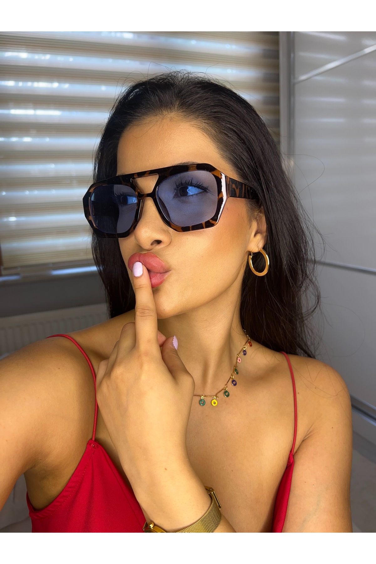 funeyes Vehla Leopar Desen Mavi Renk Trend Gözlük Güneş Gözlüğü Renkli Cam Yeni Sezon Büyük Gözlük - Görsel 3