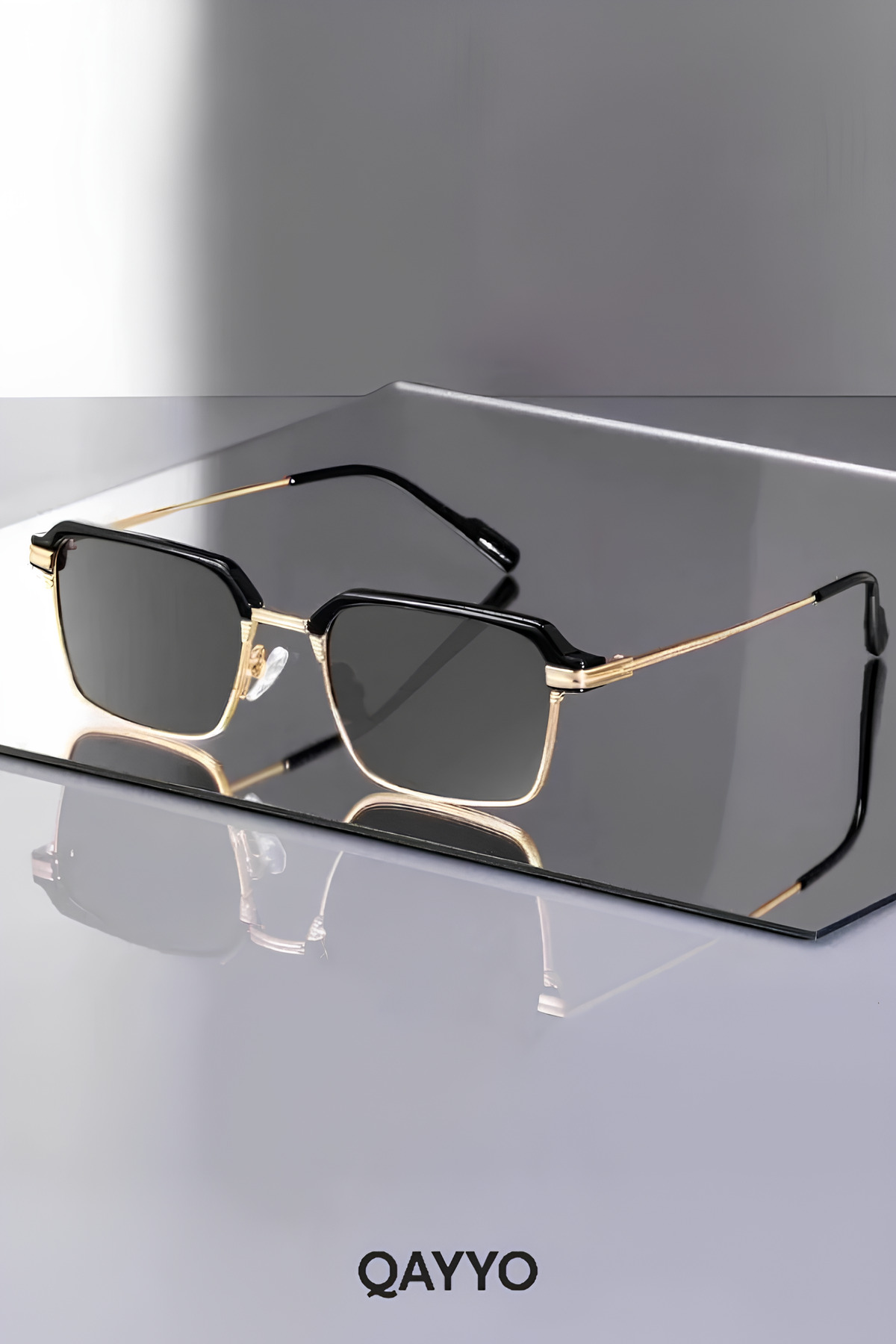 QAYYO Accessories Flow Metal Kare Siyah Altın Çerceve Unisex Uv400 Güneş Gözlüğü - Görsel 3