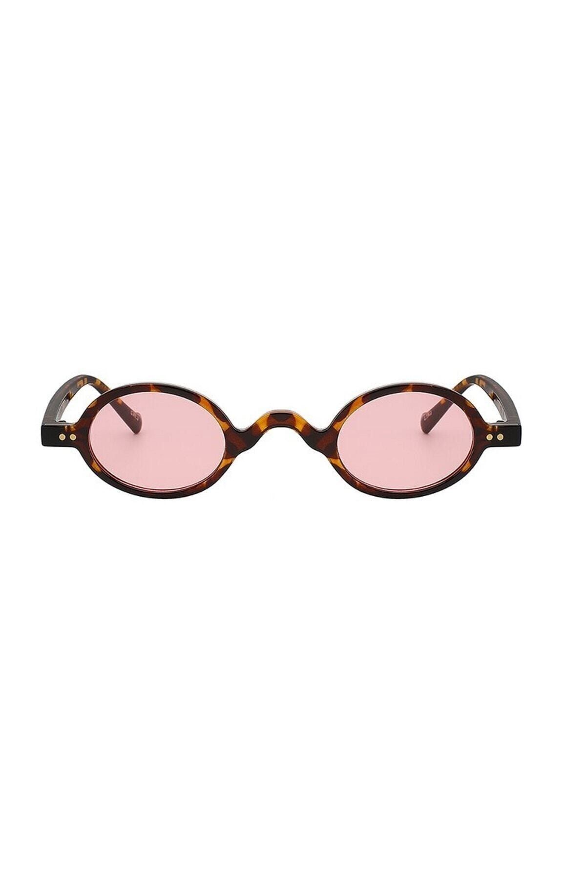 Mathilda Aksesuar Leopar Çerçeveli Pembe Camlı Minimal Retro Unisex Güneş Gözlüğü