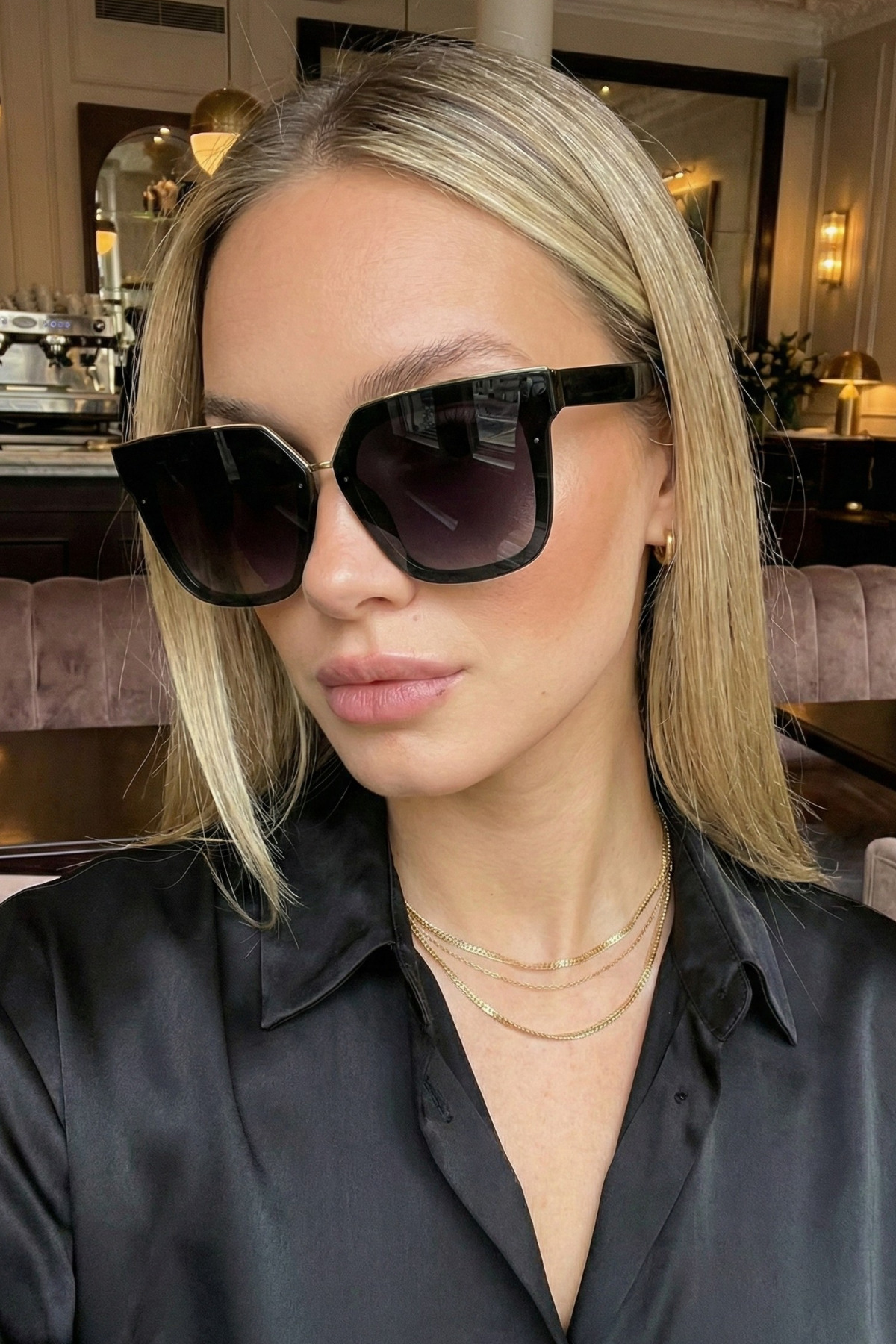 Chunky Frame Doah Kadın Siyah Gold Dedaylı Lüx Ultra Hafif Uv400 Filtreli Güneş Gözlüğü - Görsel 2