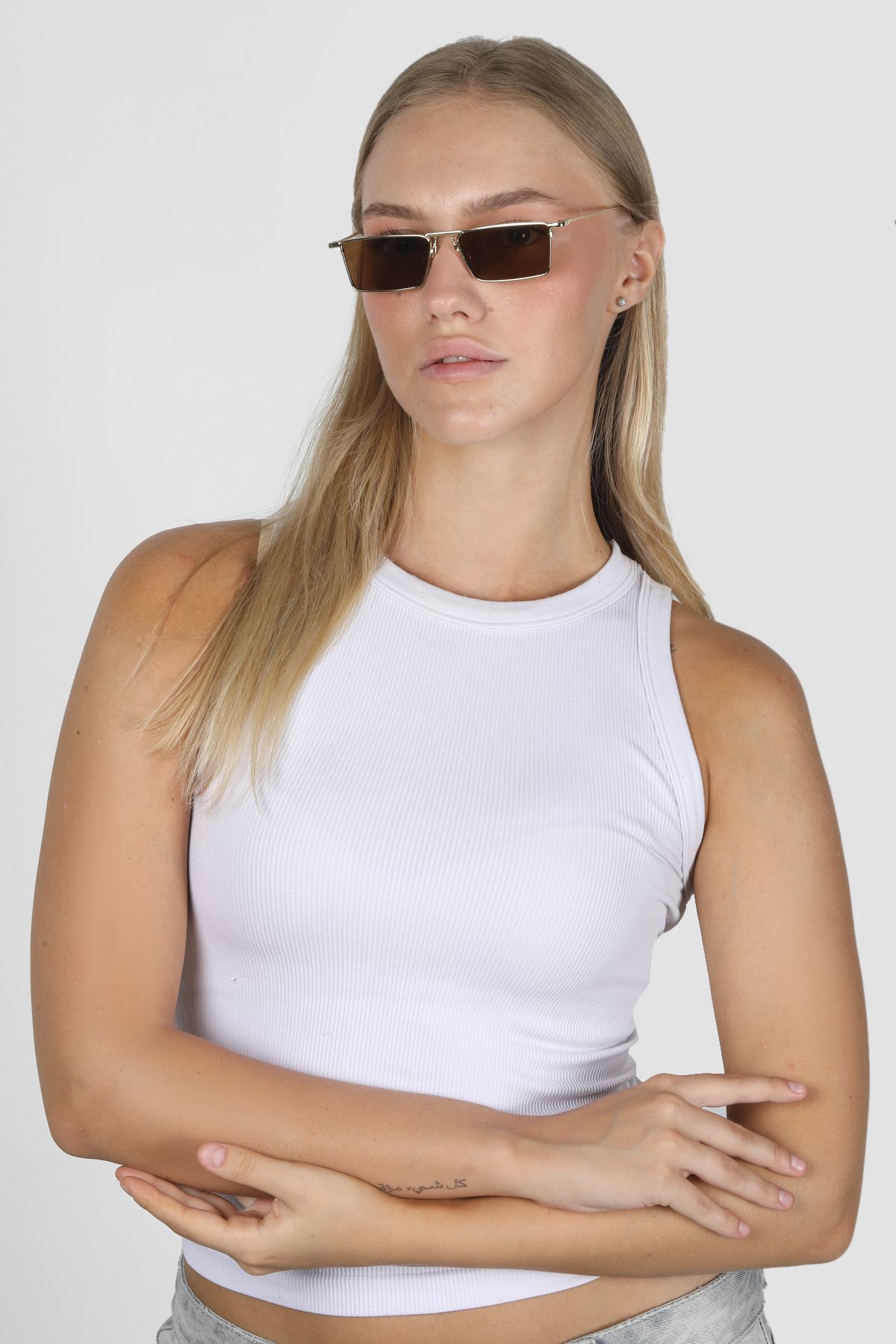 TomyHelf Dikdörtgen Tasarım Gold Çerçeve Kahverengi Cam Vintage Kadın Güneş Gözlüğü - Görsel 3