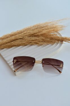 LOOKUP NEW Unisex Kadın Erkek Uv400 Korumalı Dikdörtgen F Harfli Kahverengi Gold Metal Güneş Gözlüğü