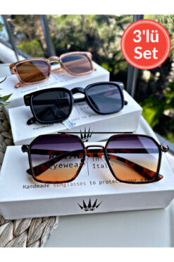 WATCHOFROYAL Üçlü Set Degrade&Rose&Siyah Güneş Gözlüğü Kadın & Erkek UV400 Cam Orjinal CE Belgeli