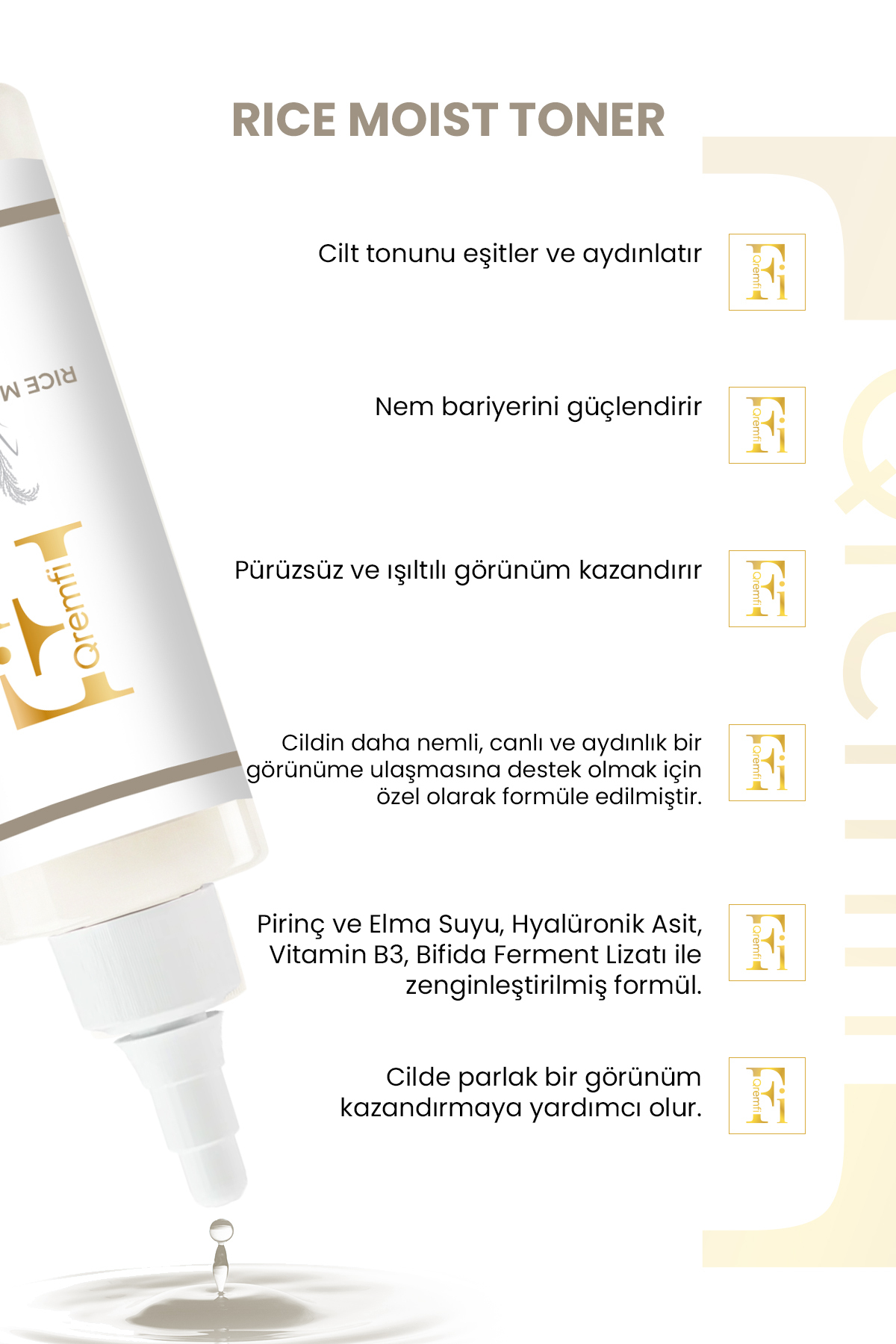 Qremfi Rice Moist Aydınlatıcı, Yenileyici ve Nemlendirici Pirinç Suyu & Bifida Mayalı Tonik 200 ml - Görsel 2