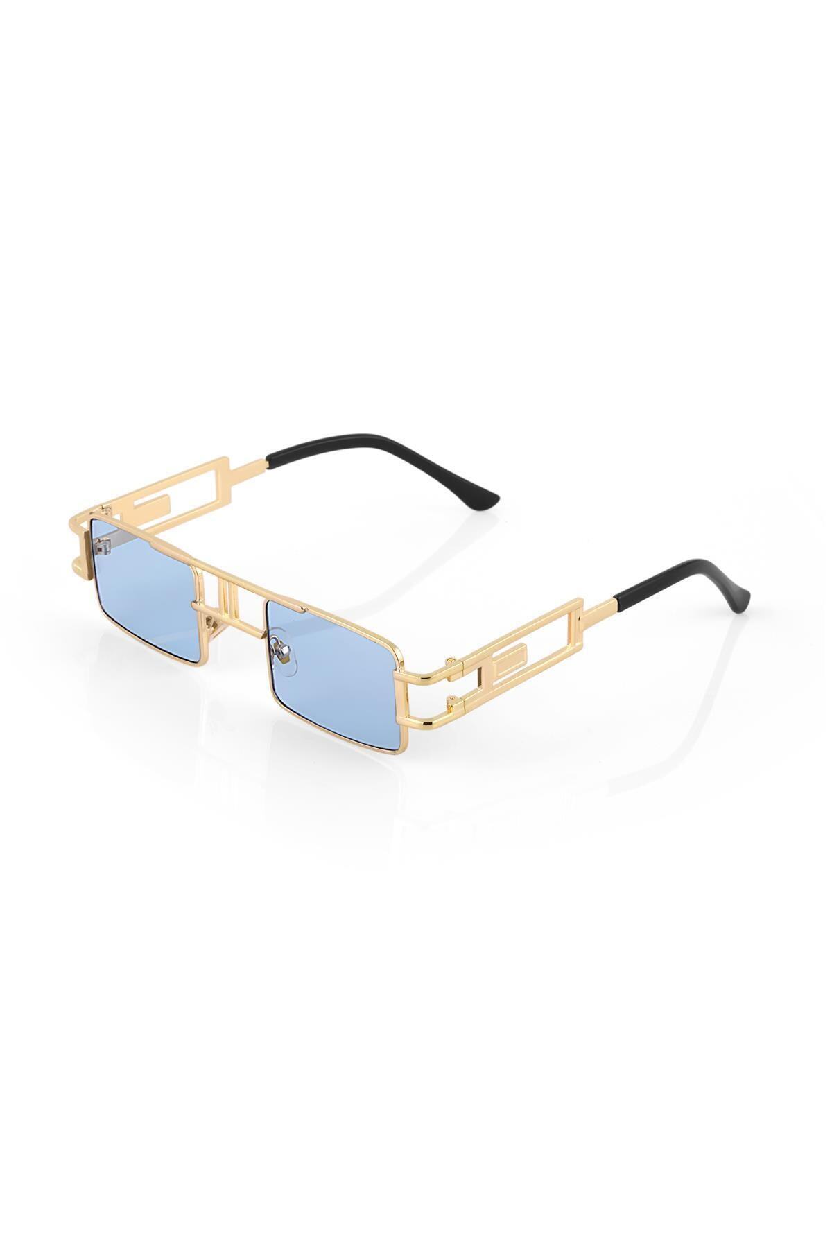 Angel Eyes Tarz Gözlüğü Gold Dikdörtgen Detaylı Çerçeve Mavi Cam