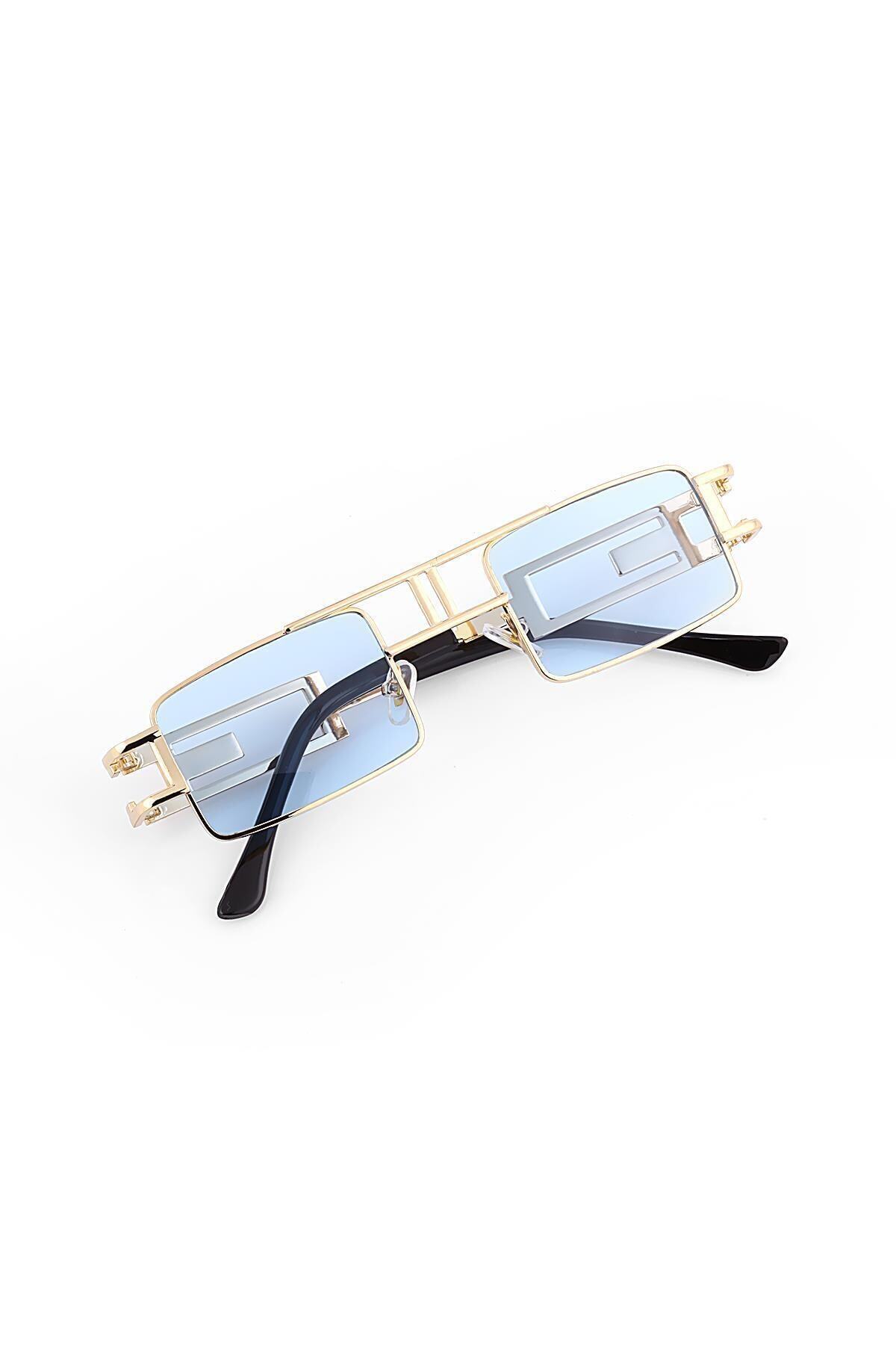 Angel Eyes Tarz Gözlüğü Gold Dikdörtgen Detaylı Çerçeve Mavi Cam - Görsel 2