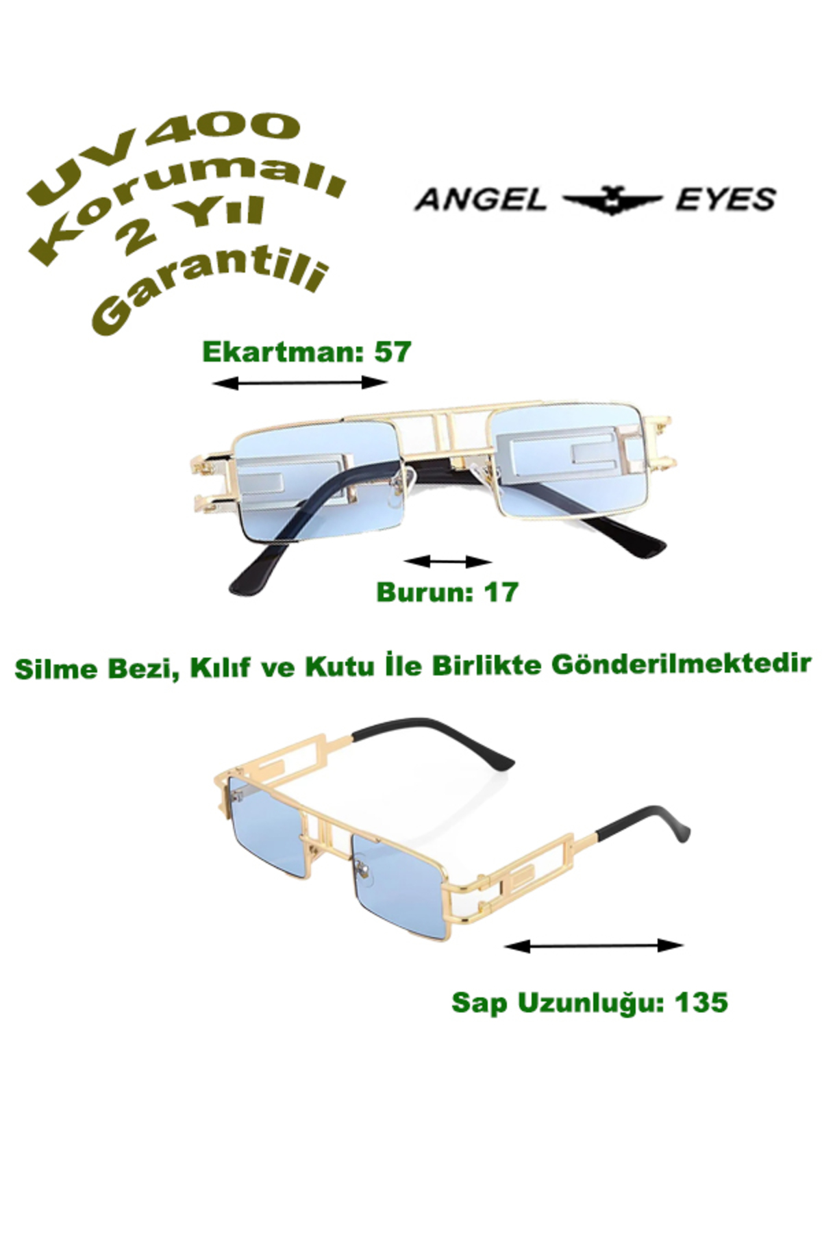 Angel Eyes Tarz Gözlüğü Gold Dikdörtgen Detaylı Çerçeve Mavi Cam - Görsel 3